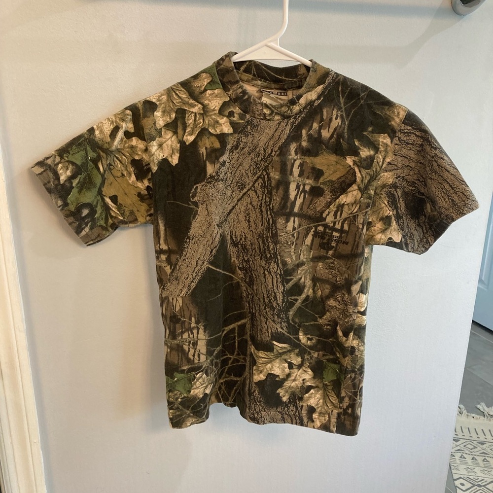 Vintage Jerzees Youth T Shirt M Mossy Oak Camo Hunting Forest Outdoors 90s Y2K